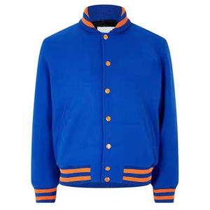 Veste universitaire bleu royal premium pour homme avec col montant, fermeture à boutons-pression, poignets et ourlet en tricot côtelé rayé, et poches latérales - Product Image 1