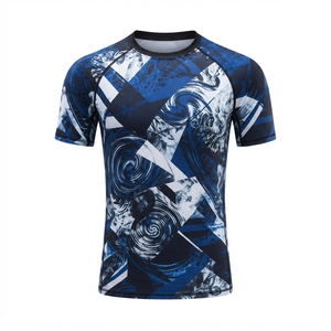 Chemise de compression à manches courtes pour homme, imprimé par sublimation, séchage rapide, spandex, polyester, motif bleu et blanc - Product Image 4