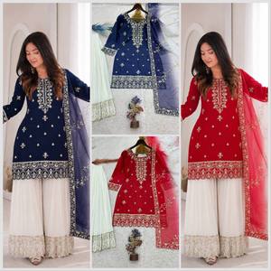 Kurti en soie naturelle pure brodée rouge, extensible et sans plis, pantalon palazzo blanc, dupatta, tenue traditionnelle indienne pakistanaise - Product Image 2