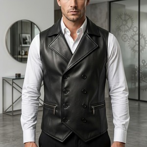 Gilet de motard en cuir véritable pour homme, double boutonnage, col rabattu, avec poches zippées, noir - Product Image 5