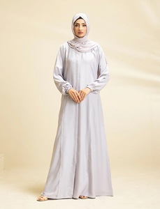 Muslim Women Everyday Luminous Pearl Abaya Set Saudi Solid Long <b>Elastic</b> Sleeve Floor-Length Straight Modest Full Cover Natural - Product Image 1