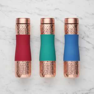 Curio Craft Copper <b>Water</b> <b>Bottle</b> with <b>Silicone</b> Grip Red Green Blue Bohemian Design Large Capacity Portable Travel Use - Product Image 1