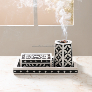 Ensemble de Bukhoor en résine noire et blanche artisanale de luxe avec boîte de rangement, plateau et brûleur d'encens traditionnel arabe - Product Image 4