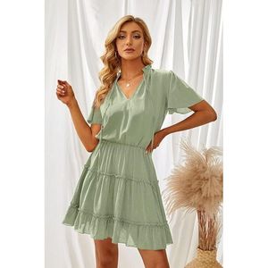 Abito Mini Estivo da Donna in Chiffon Verde con Scollo a V Ampio, Maniche Corte, Stile Casual con Balze e Linea ad A - Product Image 2