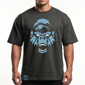 Camiseta Negra de Manga Corta para Hombre, de Alta Calidad, Talla Grande, con Estampado de Gorila Azul, Cuello Redondo, Informal, de Algodón Jersey - Product Image 1