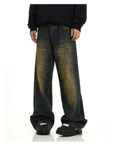 Jean en denim délavé coupe large pour homme, taille mi-haute, décontracté, en coton, style automne - Product Image 5