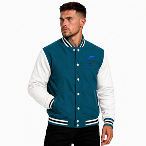 Chaqueta Varsity Unisex Personalizada en Verde Azulado y Blanco, Estilo Preppy, Logotipo Bordado, Corte Regular, Cuello Alto, Ropa de Invierno, Lana y Cuero - Product Image 1