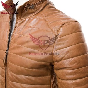 Chaqueta de Cuero Marrón Genuino para Hombre, Acolchada, Corte Ajustado, con Cuello Alto, Estilo Clásico Personalizado para Invierno - Product Image 3