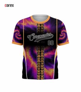T-shirt de sport pour homme Corex, imprimé par sublimation, manches courtes, col rond, séchage rapide, coupe classique, motif violet et orange - Product Image 1