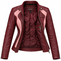 Blouson en cuir pour femme, bordeaux et rose contrastant, avec panneaux latéraux, col montant, fermeture éclair, coupe ajustée, style motard