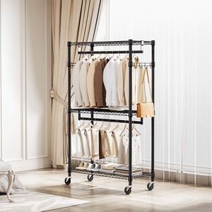 Heavy Duty 3-Tier Adjustable Wire Clothe Rack 2 Rods with Side <b>Hooks</b> Convenient Rolling Storage Closet Closet Organizer - Product Image 3