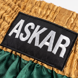 Shorts de boxe Askar vert avec ceinture dorée, sérigraphie, coupe ample, unisexe, 100 % polyester, légers, pour arts martiaux - Product Image 3