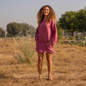 Vestido Mini de Lino y Algodón Color Rosa Empolvado para Mujer, Manga Larga, Cuello Redondo, Corte Holgado, Estilo Casual Bohemio, Vestido de Verano - Product Image 4