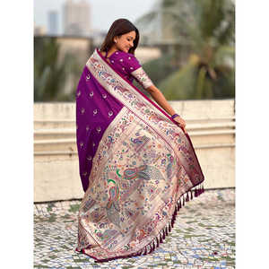 Sari de Seda Paithani Chandrakor Morado de Elite Weaves, Tejido con Hilo Banarasi Zari, 650g, Ropa India y Pakistaní - Product Image 4