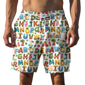 Pantalones cortos con estampado de alfabeto colorido para hombre, con estampado de palmeras y flores, secado rápido, cintura con cordón, ropa de baño informal - Product Image 4