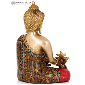 Sculpture de bouddha de médecine bouddhiste tibétaine de 7 pouces faite à la main en laiton avec incrustation complexe pour les cadeaux fabriqués en Inde - Product Image 1