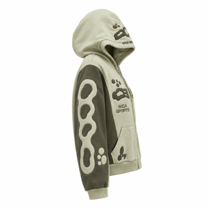 Custom Cream Olive Two-Tone Applique Embroidered Cropped Full <b>Zip</b> Streetwear Fleece Hoodie - Product Image 3
