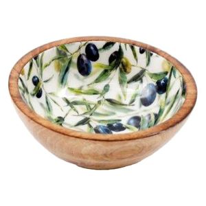 Bol en bois fait main avec motif feuille d'olivier émaillé, design méditerranéen, pour servir des aliments, offrir en cadeau - Product Image 1