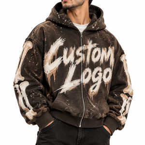 Sudadera con capucha vintage de corte oversize, con patchwork de huesos de esqueleto, desgastada, marrón con lavado ácido, con cremallera completa, estilo streetwear unisex, con logotipo personalizado - Product Image 1