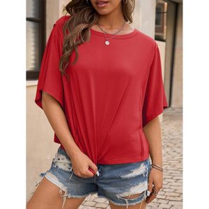 Women's <b>Red</b> <b>Crop</b> <b>Top</b> Short Sleeve Drop Shoulder Regular Fit O-Neck Casual T-Shirt Solid Breathable Knitted Cotton Shirt - Product Image 3