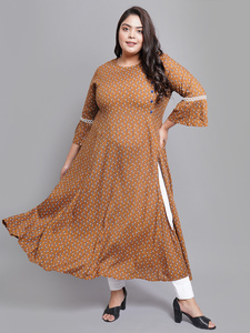 Kurti en rayonne marron à imprimé floral pour femme, coupe trapèze, avec manches cloche et col rond, pour grandes tailles, tenue décontractée quotidienne - Product Image 4