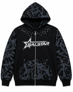 SALSTAR Sweat-shirt à capuche pour femme, manches longues, imprimé, fermeture éclair sur le devant, décontracté, tricoté, automne, motif étoile noire - Product Image 1