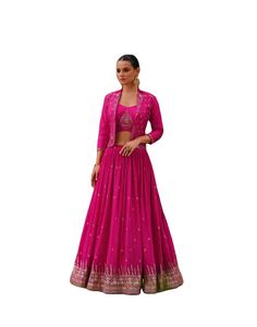 Dernier Designer Chinon Soie Broderie Imprimé Travail Lahenga Choli Par Fab Zone - Product Image 1