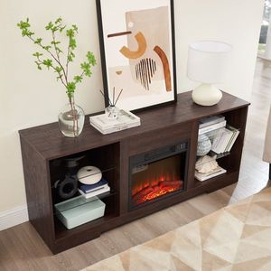 Modern Electric Fireplace <b>TV</b> <b>Stand</b> with Glass Shelves 3D <b>LED</b> Lights Wood USB Charging Outlet Sleek Design - Product Image 4