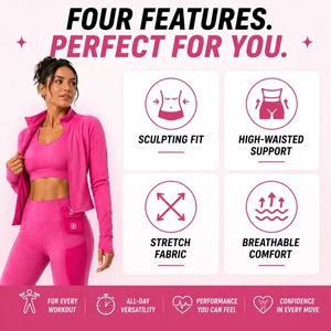 Pink 3 Piece Yoga Set Women's Scoop Neck Crop Top High Sports Bra Waist <b>Leggings</b> <b>Pockets</b> Seamless Spandex/Polyester <b>Workout</b> - Product Image 6