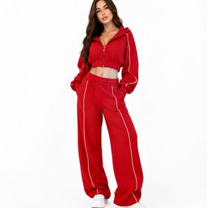 Conjunto de Sudadera Corta con Capucha y Pantalones Deportivos para Mujer, Color Rosa, Manga Larga, Felpa, Estilo Casual, Color Sólido, Estilo Otoñal - Product Image 4