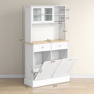 Armadio dispensa bianco autoportante da 68 pollici con 2 unità inclinabili e stazione di ricarica integrata, in legno di betulla, per sala da pranzo - Product Image 3