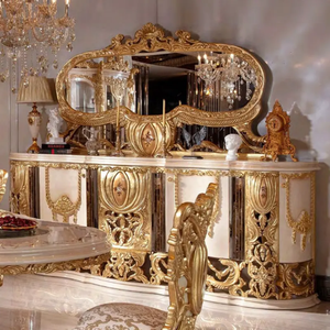 Ensemble de table à manger en bois de mahogany massif de style classique italien royal, sculpté à la main en or lourd, taille et couleur personnalisables - Product Image 4