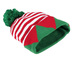Lindo gorro de elfo a rayas rojas y blancas con pompones verdes y visera triangular, gorro de invierno - Product Image 6