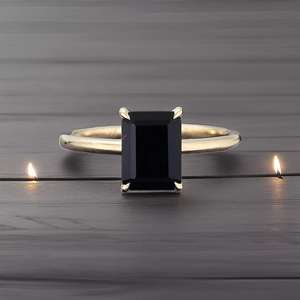 Natural Black Onyx Ring Emerald Cut 925 Sterling Silver 14K <b>Gold</b> Plated Delicate Stacking Promise Ring - Product Image 6