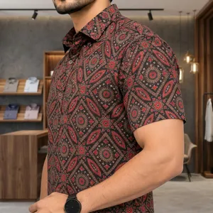 Men's Short Sleeve <b>Geometric</b> Print Casual <b>Shirt</b> Turn-down Collar 100% Cotton Breathable Knitted ODM Summer Style - Product Image 3