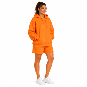 Women's White Hooded Sweatshirt Shorts <b>Set</b> Cotton Fleece Anti-Shrink 240g Casual Loose Fit Drawstring Pocket Spring Summer Wear - Product Image 5