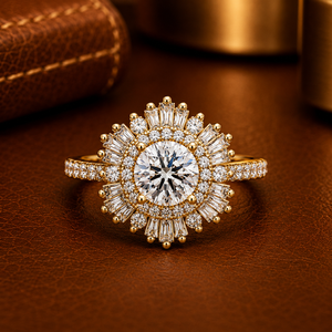 Bagues de fiançailles en or jaune 14 carats avec diamant de laboratoire Sunburst Ballerina Halo, certifiées IGI, 2,65 CTW DEF-VVS, bijoux personnalisés - Product Image 1