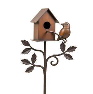 Nichoir rustique en métal pour jardin avec motif d'oiseau et de feuille - Product Image 1