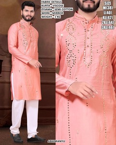 Kurta de fête pour homme en viscose bleue traditionnelle Raj Heritage, longueur au sol - Product Image 3