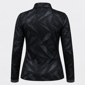 Custom <b>Black</b> Charcoal Angular Geometric Print Womens Long Sleeve Quarter Zip <b>Polo</b> Shirt Quick Dry Performance Golf <b>Top</b> WPS-0713 - Product Image 2