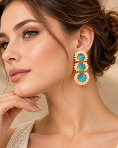 Gold Plated Blue Monalisa Stone Earrings Pearl <b>Cluster</b> Triple Drop Statement Earrings for Women Wholesale Indian Jewelry - Product Image 2