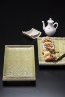 Petite assiette à sauce en mélamine en forme de bambou, assiette à condiments mini bicolore vert et blanc pour restaurant japonais Izakaya