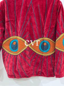 Abrigo Bohemio Bordado en Terciopelo Rojo, Cuello Mandarín, Manga Tres Cuartos, Patrón Geométrico Hecho a Mano, Ropa Exterior para Mujer Adulta - Product Image 4