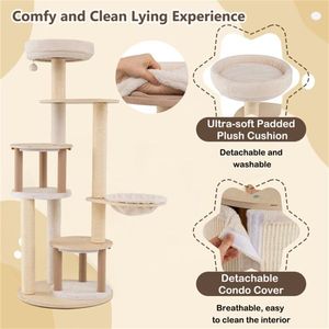 60-Inch Tall Wooden <b>Cat</b> Tree <b>Tower</b> with Multi-Level Condos and Sisal <b>Scratching</b> Posts for Indoor <b>Cats</b> Natural Looking - Product Image 5