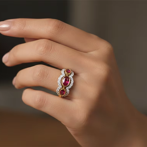 แหวนทองรูปวงรีลายคลื่นสไตล์วินเทจประดับเพชรพร้อมแถบคริสตัลสีชมพูสำหรับวันครบรอบ - Product Image 3