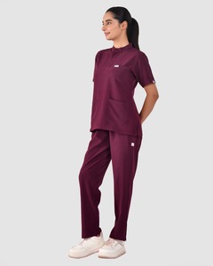 Burgundy Wine Medical Scrub Set <b>Women</b> <b>Short</b> Sleeve Mandarin Collar Scrub Top with Pockets and Matching <b>Trousers</b> Uniform - Product Image 2