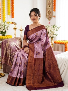 <b>Purple</b> Silk <b>Saree</b> with Peacock Motif and Brown Border Sun Protection Floor-Length for Wedding Occasion Women Traditional Wear - Product Image 3