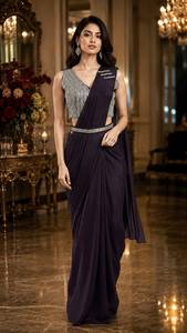 Elegante Sari de Seda Azul con Blusa Adornada para Bodas, Corte Regular, Largo hasta el Suelo, de la India y Pakistán - Product Image 6