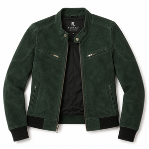 Flashback Green Genuine Leather Motorcycle <b>Bomber</b> <b>Jacket</b> Breathable Windproof Knitted Zipper Closure Stand Collar Solid Color - Product Image 1