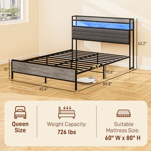 Struttura letto matrimoniale Queen Size con contenitore resistente, testiera imbottita con LED e stazione di ricarica, grigio cemento, caratteristiche King Size - Product Image 3